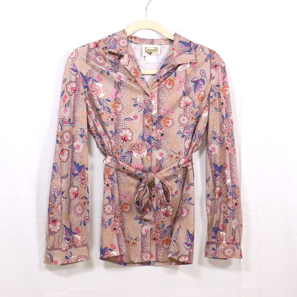 Legends Floral Blouse 8 Tan Womens‎ Vintage Tie Waist Top